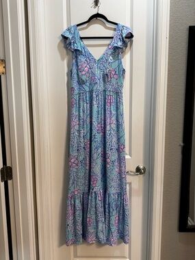 Lilly Pulitzer Blue Floral Sleeveless Maxi Dress Sz 12 Ruffles Vneck Tiered